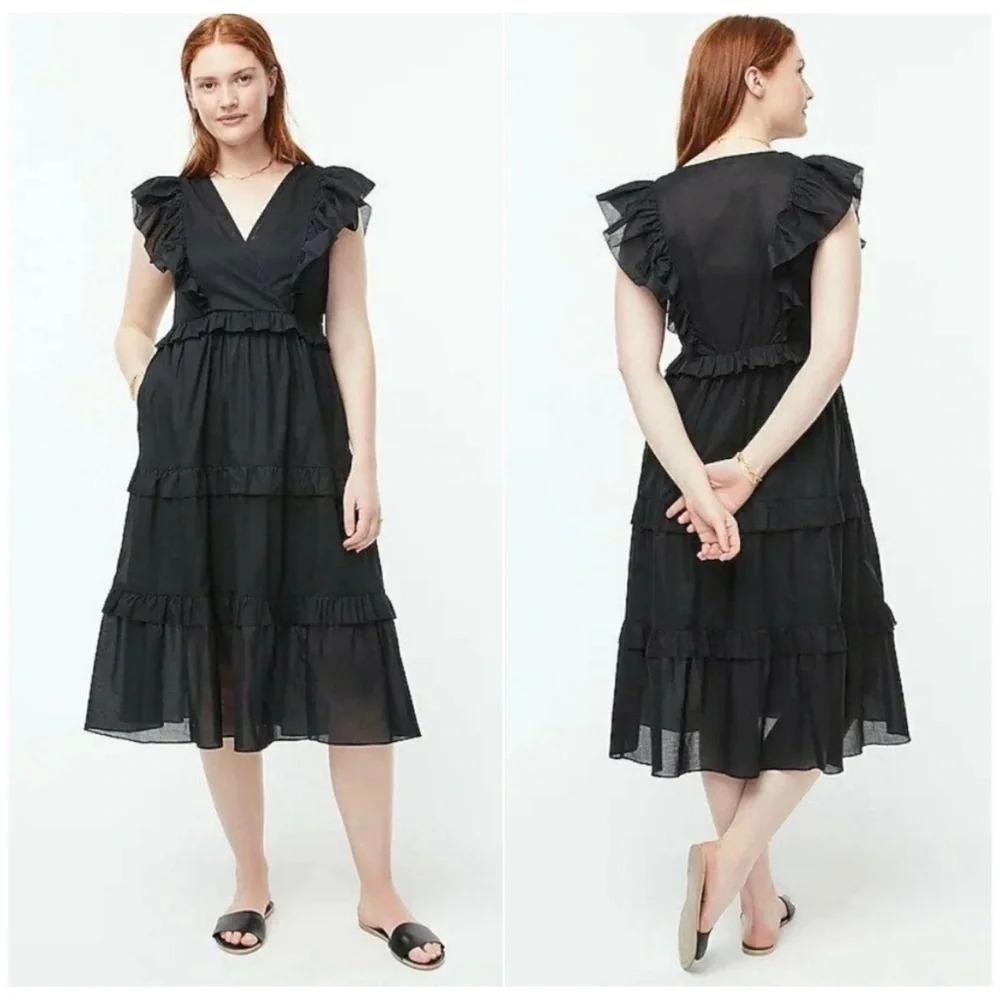 J. Crew Ruffle Sleeve Voile Dress Cotton V-Neck A-Line Black Size Small‎
